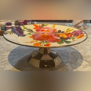 Mackenzie-Childs brand new, XL Flower Mkt pedestal platter. Hand painted.